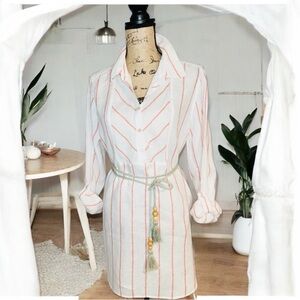 C&C CALIFORNIA Womens 100% Linen White Coral Stripe Popover Tunic Top Size M